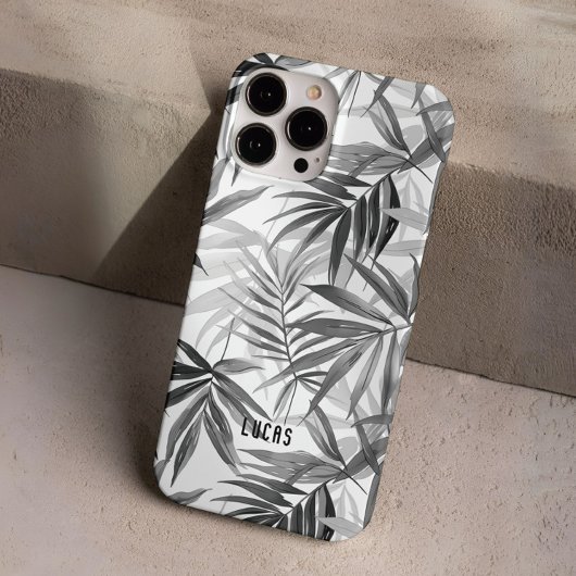 Coques Case-Mate iPhone Modern Grey Tropical Feuille Motif Nom personnalis