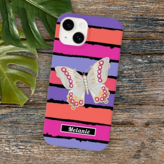 Coques Case-Mate iPhone Modern groovy stripes monogrammed butterfly retro 