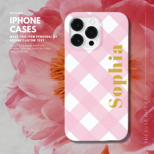 Coque Pour Pour iPhone 14 Pro Max Modern Stylish Elegant Pink and Gold Gingham Plaid