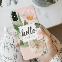 Modern Watercolor Pink Flowers & Hello & Nom