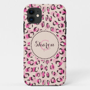 Coque iPhone 11 Moderne chic imprimé motif guépard rose monogramme