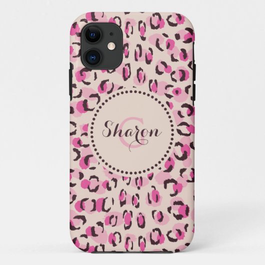 Coques Case-Mate iPhone Moderne chic imprimé motif guépard rose monogramme (Dos)