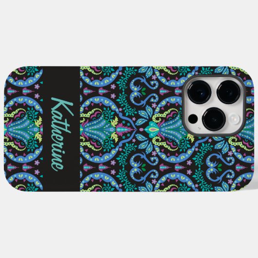 Coques Case-Mate iPhone Moderne Damask Art Déco Noir Turquoise Bleu Nom (Verso (horizontal))