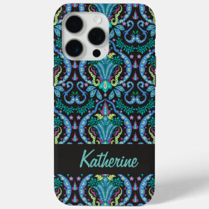 Coque iPhone 15 Pro Max Moderne Damask Art Déco Noir Turquoise Bleu Nom