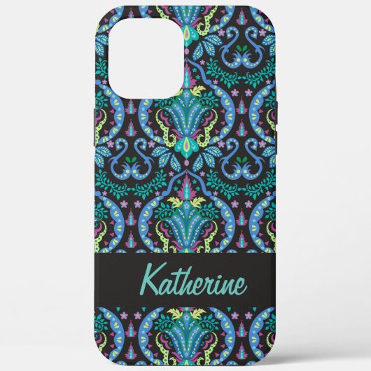 Coques Case-Mate iPhone Moderne Damask Art Déco Noir Turquoise Bleu Nom (Verso)