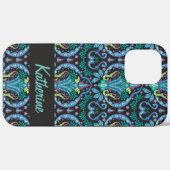 Coques Case-Mate iPhone Moderne Damask Art Déco Noir Turquoise Bleu Nom (Verso (horizontal))