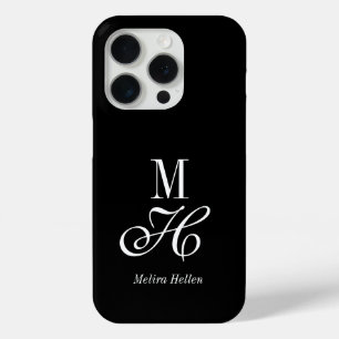 Coque iPhone 15 Pro Moderne Élégant Minimaliste Nom Monogramme Noir Bl