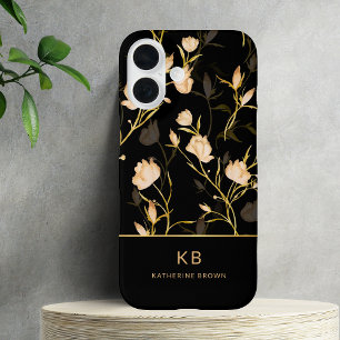 Coques iPhone 16 Moderne Élégant Motif Floral Noir Or
