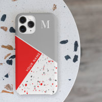 Moderne Géométrique Gris Rouge Terrazzo Monogramme
