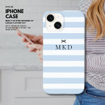 Coque Pour iPhone 14 Moderne Girly Joli Bleu Bande Noir Bow Monogramme<br><div class="desc">Voici notre nouveau coque iPhone 14, conçu avec un motif rayé bleu et blanc élégant qui va sûrement tourner les têtes. Pour ajouter une touche de gentillesse, nous avons inclus un petit arc noir à l'avant. Et pour le rendre vraiment personnalisé, le coque peut être monogrammé avec vos initiales de...</div>