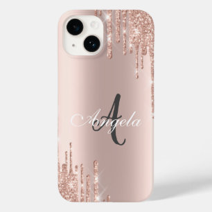 Coque Pour iPhone 14 Moderne Gouttes de Paillettes Rose Doré, Monogramm