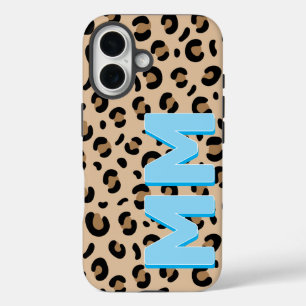 Coques iPhone 16 Moderne Imprimé Léopard Brun Ombre Bleue Monogramm