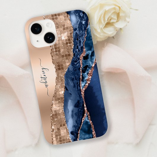 Coques Case-Mate iPhone Moderne Indigo Blue Agate & Rose Gold Confetti Lea
