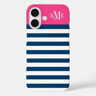 Coques iPhone 16 Moderne Magenta Rose Navy Rayures Monogramme Perso