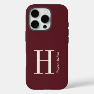 Coques iPhone 16 Pro Moderne Monogramme Nom Ivoire Bourgogne Foncé