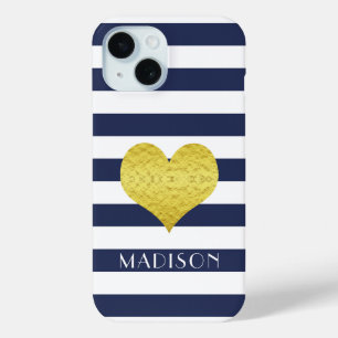 Coque Pour iPhone 15 Moderne Navy Blue Rayures Cœur Or Nom