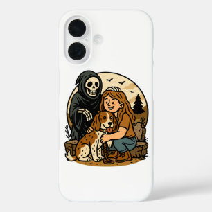 Coques iPhone 16 Moissonneur sinistre avec fille et squelette de ch