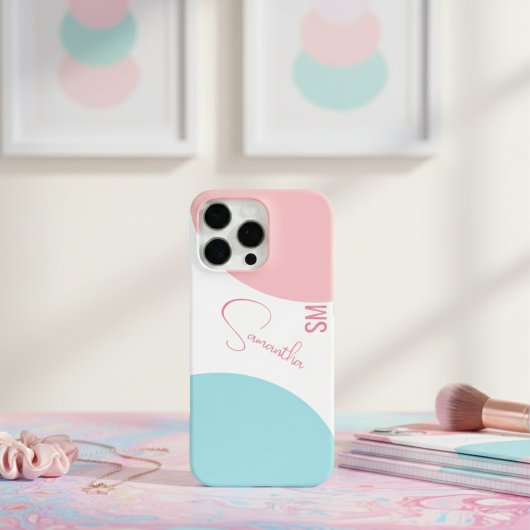 Coques Case-Mate iPhone Momogramme géométrique Abstrait rose et bleu éléga