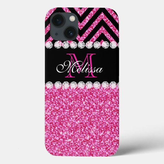 Coques Case-Mate iPhone Mongram de Pink Glitter Black Chevron (Verso)