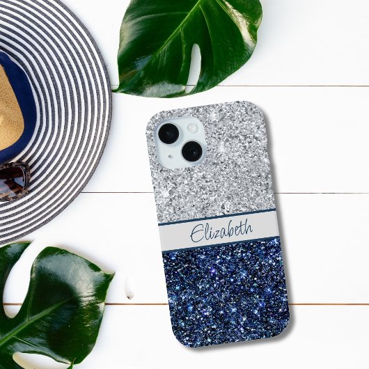 Coques Case-Mate iPhone Monogram Argent Paillettes Bleu Foncé Tendance Chi