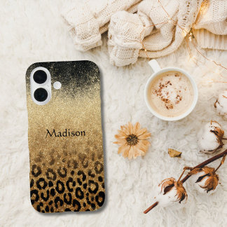 Coques iPhone 16 Monogram Black Gold Glitter Leopard Print
