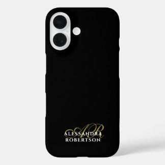Coques iPhone 16 Monogram Black Gold White Minimalist Elegant Name