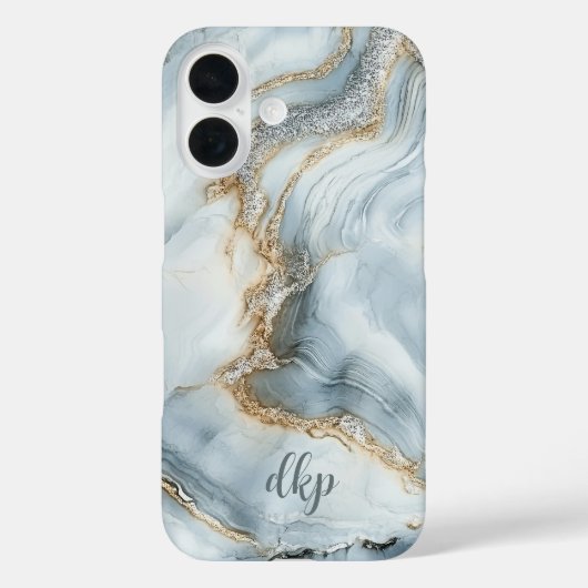 Coques Case-Mate iPhone Monogram Blue White Silver Gold Marble Swirl (Verso)