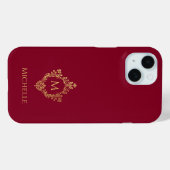 Coques Case-Mate iPhone Monogram Burgundy Faux Gold Crest Initial et nom (Verso (horizontal))