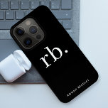 Coque iPhone 15 Pro Monogram Classic Elegant Minimum Black and White<br><div class="desc">A minimalist monogram design with large typographiy initials in a classic font with your name below on black background. Le Parfait Custom vend des accessoires !</div>