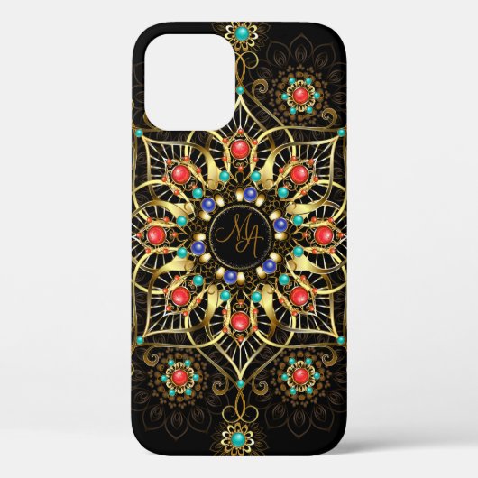 Coques Case-Mate iPhone Monogram Gold Turquiose Red Mandala Jewel (Verso)