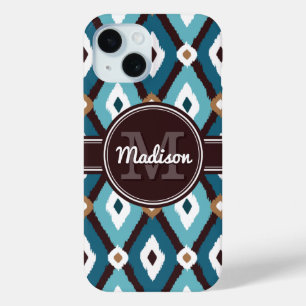Coque Pour iPhone 15 Monogram Ikat Motif Bleu et Brown