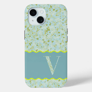 COQUE POUR iPhone 15 MONOGRAM INITIAL V ACQUA PETITES FLEURS
