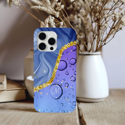 Coques Case-Mate iPhone Monogram M Glam Or Bleu & Gouttelettes Violettes