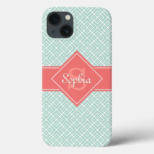 Coques Case-Mate iPhone Monogram Mint Coral Nom Diamond Motif (Verso)