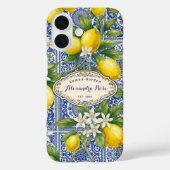 Coques Case-Mate iPhone Monogram Name Lemon Blue French Country Tile  (Verso)