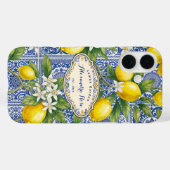 Coques Case-Mate iPhone Monogram Name Lemon Blue French Country Tile  (Verso (horizontal))