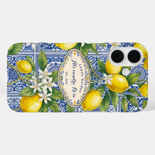 Coques Case-Mate iPhone Monogram Name Lemon Blue French Country Tile  (Verso (horizontal))