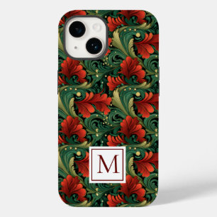 Coque Pour iPhone 14 Monogram Noël Vert Rouge Art Noveau  