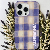 Coques Case-Mate iPhone Monogram plaid gingham navy blue beige farmhouse