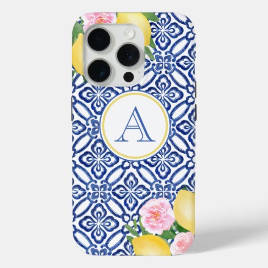 Coques Case-Mate iPhone Monogram Positano Lemons Bleu Blanc Carreaux itali (Verso)