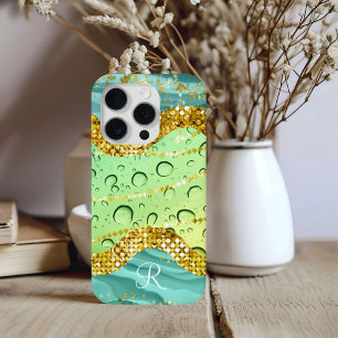 Coque iPhone 15 Pro Monogram R Aqua Lime Gold Marbre Fantaisie Gouttel