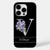 Coques Case-Mate iPhone Monogram V silver custom name blue violets black (Verso)