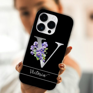 Coque Pour iPhone 14 Pro Monogram V silver custom name blue violets black