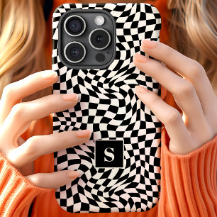 Coque Pour iPhone 15 Monogrammé à carreaux ondulés noir et blanc