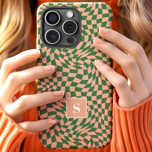 Coques Case-Mate iPhone Monogramme à carreaux ondulés rose et vert