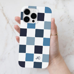 Coque Pour Pour iPhone 14 Pro Max Monogramme À damiers bleu moderne minimaliste Moti