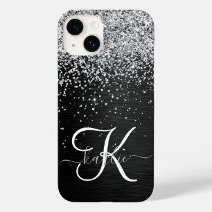 Coque Pour iPhone 14 Monogramme à étincelle noire à Parties scintillant