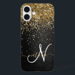 Coques iPhone 16 Plus Monogramme à étincelle noire à Parties scintillant<br><div class="desc">Personnalisez facilement ce design élégant et branché de boîtier de téléphone avec une jolie parties scintillant dorée brillante sur un arrière - plan métallique brossé noir.</div>
