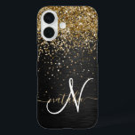 Coques iPhone 16 Monogramme à étincelle noire à Parties scintillant<br><div class="desc">Personnalisez facilement ce design élégant et branché de boîtier de téléphone avec une jolie parties scintillant dorée brillante sur un arrière - plan métallique brossé noir.</div>