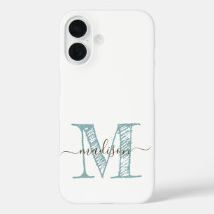 Coques iPhone 16 Monogramme à main bleu vert